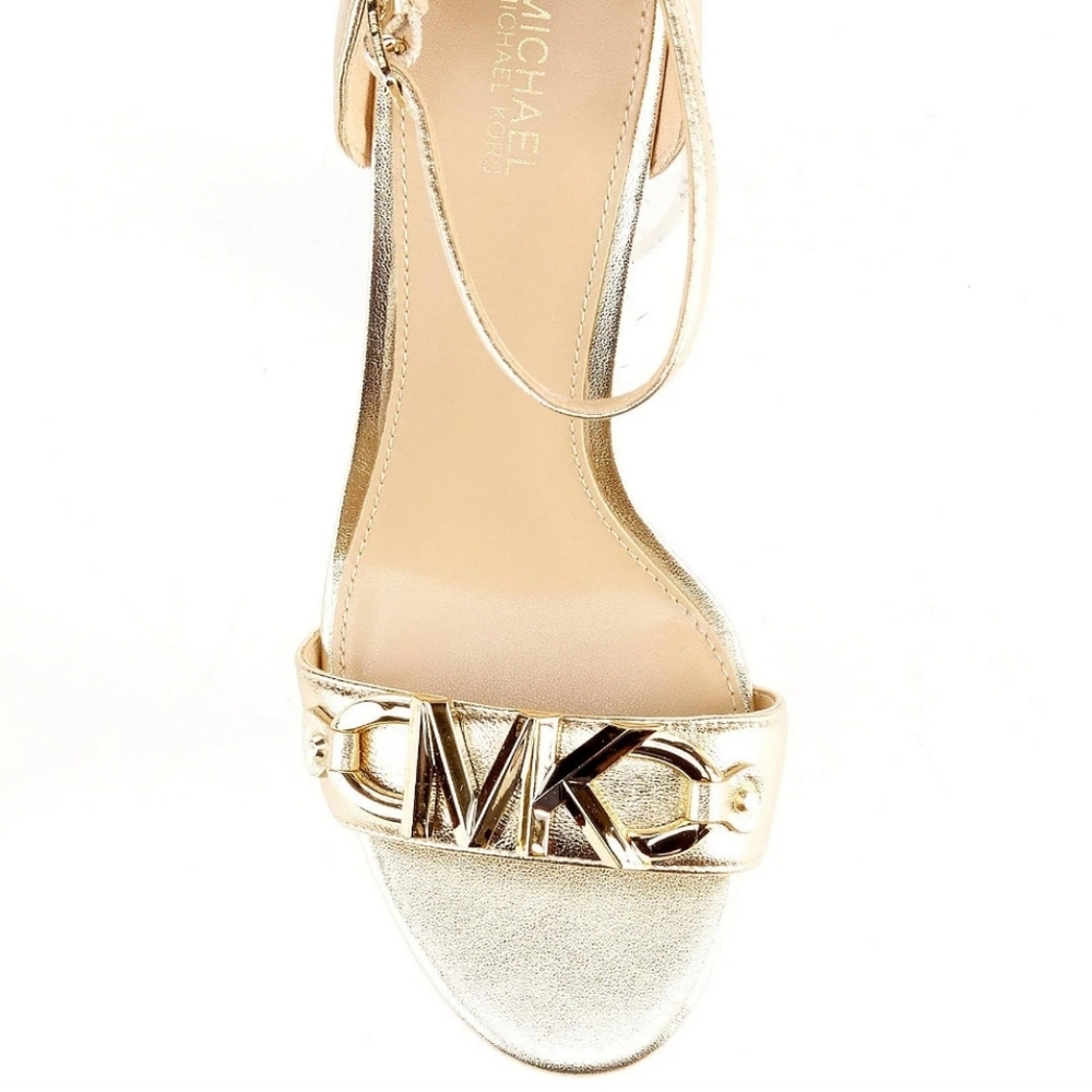 Michael Michael Kors Izzy Pale Gold Metallic Leather Heeled Sandals Size 8 - Picture 6 of 14